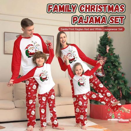 Weihnachtspyjama-Set für die ganze Familie – Rot-weißes Loungewear-Set mit Weihnachtsmann-Print, Rundhalsausschnitt und Raglanärmeln
