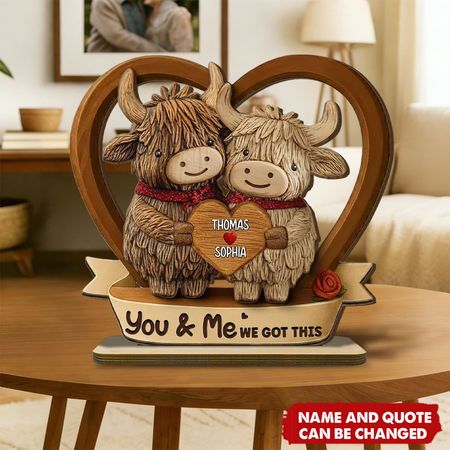 2D-Effekt Highland Cows Paar Herz-personal isierte 2-geschickte Holzplatte-Jubiläum, Valentine Geschenk für ihn, Geschenk für sie