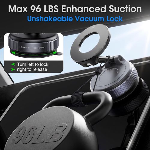 Vacuum Suction Magnetic Car Phone Holder, 360° Rotatable Magsafe Car Mount, Reusable Suction Cup Dashboard Windshield Phone Stand, Foldable Adjustable Arm Car Phone Mount for All Smartphones