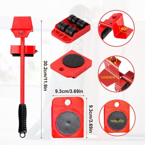 Furniture Lift Mover Tool Set with Adjustable Height Lifting Tool Lever & 4 Wheels, Furniture Mover Dolly Furniture Lifter Moving Sliders for Moving Heavy Furniture (Red, Lifting Capacity: 220 LBs)