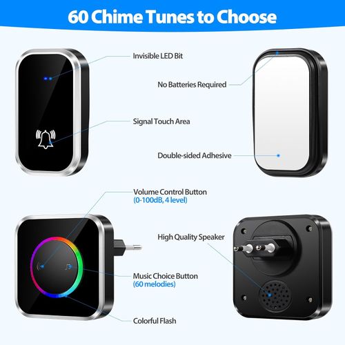 Non sono necessarie batterie Campanello senza fili, kit campanello elettronico impermeabile con 1 ricevitori plug-in, portata 200M, 60 melodie a 4 livelli di volume per casa, ufficio, hotel