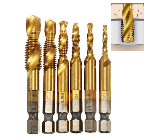 6Pcs HSS Tap Drill Bits Set High Speed Steel Coated Hex Shank Thread Tool M3 M4 M5 M6 M8 M10 for Metal Wood Plastic Drilling