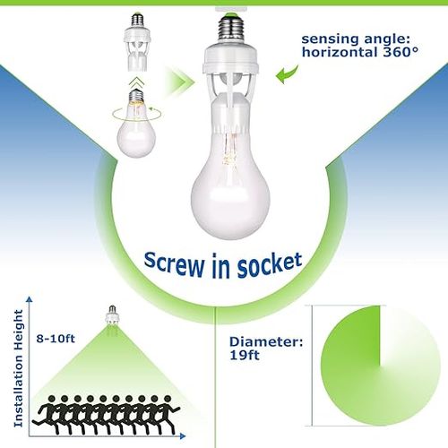 PIR Motion Sensor Light Socket, E26 E27 Smart Lamp Bulb Holder Adapter Auto On Off Light Control Suitable for Garage Basement Porch Storage Room