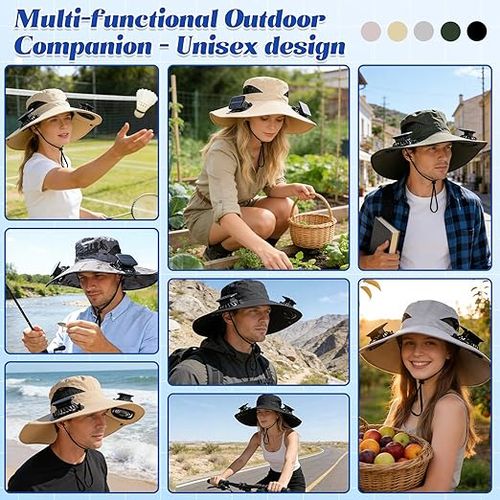 Solar-powered fan hat, men's and women's solar-powered fan hat, wide-brimmed sun hat with 2 solar fans, 2-in-1 hands-free hat fan.
