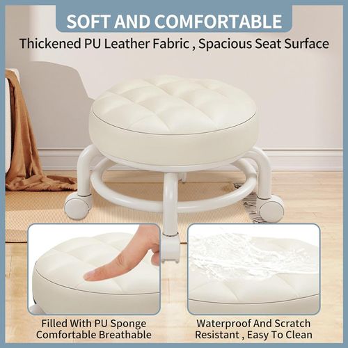 360 Rotating Low Stool,Rolling Pulley Low Stool with Wheels,Shoe Changing Makeup Cleaning with Wheels,Pedicure,Massage SPA and Home (White)
