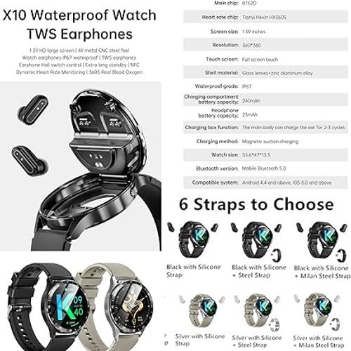 X10 2 in 1 Smart Watch with Earbuds 1.39 Smartwatch TWS Bluetooth Earphone Health Monitor Sport Watch Fitness Tracker