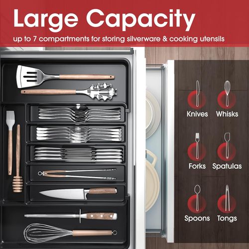 Silverware Organizer - Expandable Kitchen Drawer Organizer, Adjustable Utensil Organizer, Cutlery Tray for Forks, Knives, Multipurpose Kitchen Organizers and Storage Solution, Black, Medium