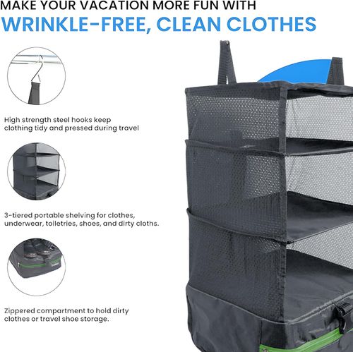 Packing Organizer for Luggage, Portable Hanging Travel Shelves, Carry-On Closet, Hanging Packing Cubes, Collapsible Carry-On Organizer for Cruises & Hotels. Dark Gray - L