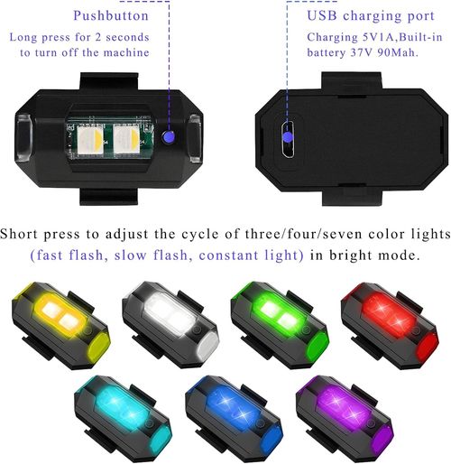 Mini LED Strobe Lights, 7 Colors USB Charging LED Anti Collision Flashing Light, High Brightness Waterproof Aircraft Drone Strobe Lights for Car Motorcycle Bike