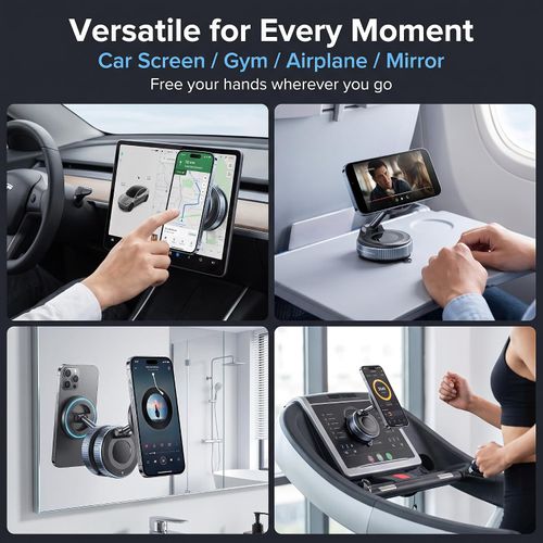 Vacuum Suction Magnetic Car Phone Holder, 360° Rotatable Magsafe Car Mount, Reusable Suction Cup Dashboard Windshield Phone Stand, Foldable Adjustable Arm Car Phone Mount for All Smartphones