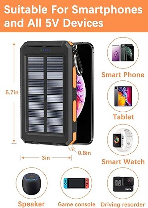 Portable Solar Power Bank 20000mAh Waterproof Dual LED Flashlight USB Charger for Camping, Hiking & Emergency Outdoor Backup Battery Pack