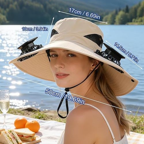 Solar-powered fan hat, men's and women's solar-powered fan hat, wide-brimmed sun hat with 2 solar fans, 2-in-1 hands-free hat fan.