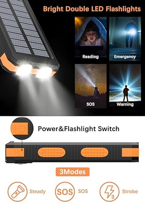 Portable Solar Power Bank 20000mAh Waterproof Dual LED Flashlight USB Charger for Camping, Hiking & Emergency Outdoor Backup Battery Pack