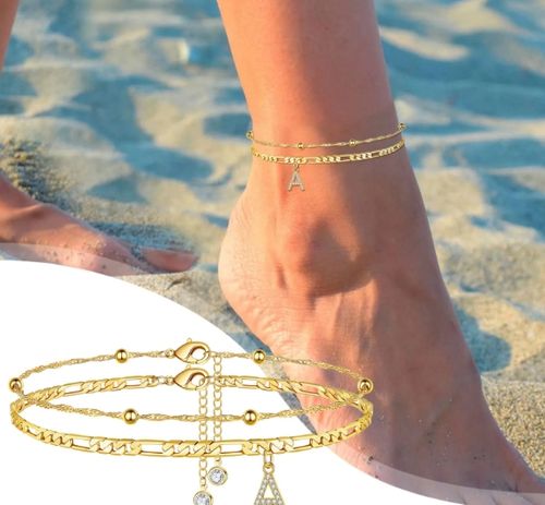 Anklet Bracelets for Women Female Foot Chain 26 Letters Zircon Double Layer Anklet Jewelry Anklet 26 Initial Anklet Bracelets for Women Letters Anklet Womens Anklet (A,One Size)