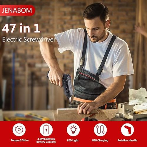 Cordless Electric Screwdriver Set, 47 in 1 Rechargeable, 3.6V, 3.5N·m Max Torque, USB Power Rechargeable Screwdriver with 44pcs Driver Bits, Ideal for Small Projects Visit the JENABOM Store