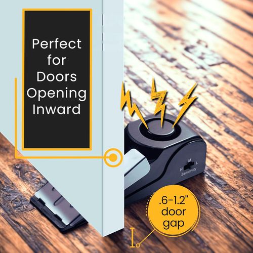 Door Stop Alarm with 120 dB Siren – Portable Travel Door Stopper Alarm Wedge for Hotel, Apartment & Dorm Security – Battery-Operated, Black, 1-Pack