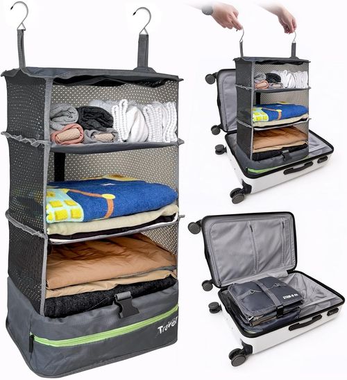Packing Organizer for Luggage, Portable Hanging Travel Shelves, Carry-On Closet, Hanging Packing Cubes, Collapsible Carry-On Organizer for Cruises & Hotels. Dark Gray - L