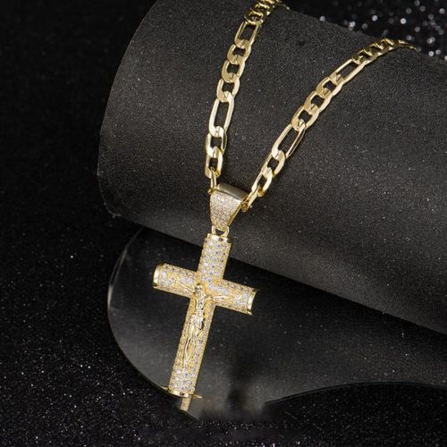 Mens Crucifix Necklace Jesus Cross Chain,14K Gold Plating Pendant Cubic Zirconia Jesus Christ Cross Crucifix Pendant, Religious Hip Hop Bling Crystals Jewelry Gift for Easter Christmas