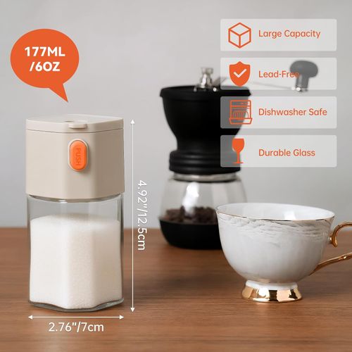 Sugar Dispenser with Dual Outlet Design, One-Hand Operation Kitchen Container for Granulated Sugar, 6oz Clear Body, Easy Refill Wide Opening for Cooking, Baking, and Beverage Use