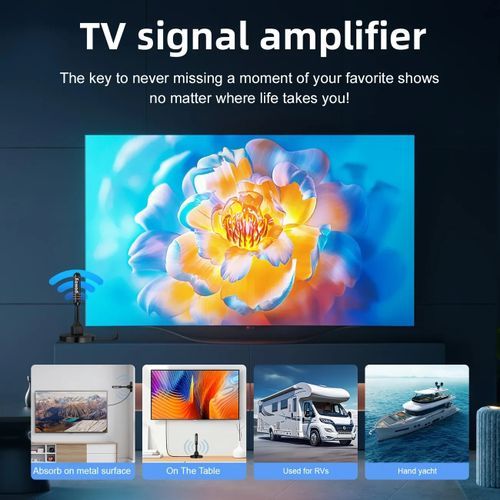Indoor TV antenna for smart TVs, with 2 amplifier signal boosters for long-range reception, and all smart TV HD digital antenna suitable for local channels, supporting 4K 1080p.