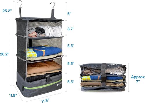 Packing Organizer for Luggage, Portable Hanging Travel Shelves, Carry-On Closet, Hanging Packing Cubes, Collapsible Carry-On Organizer for Cruises & Hotels. Dark Gray - L