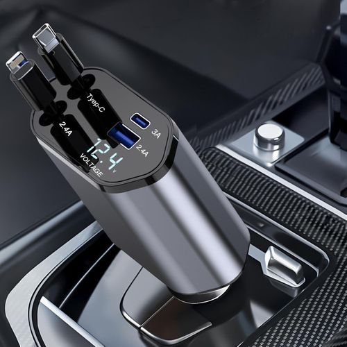 120W GaN 5-in-1 Retractable Car Charger, Dual Cig Lighter, 180° Adjust