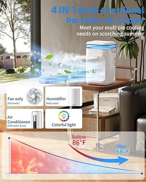 Portable Air Conditioners, Personal Mini Air Cooler Cooling Fan with 3 Speeds, 1L Evaporative Air Conditioner, 7 LED Light, 2 Cool Mist Air Conditioners Humidifier Fan Room Bedroom Office (White)