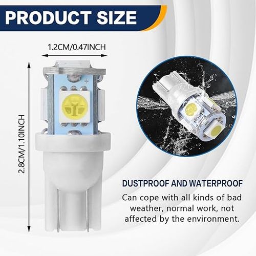 10PCS 194 LED Light Bulbs, T10 Bulb 6500K Wedge 5050 5-SMD Chips, Super Bright Width Marker Light Bulbs Replacement for Car Dome Map Reading Courtesy Side Marker Tail Parking Lights