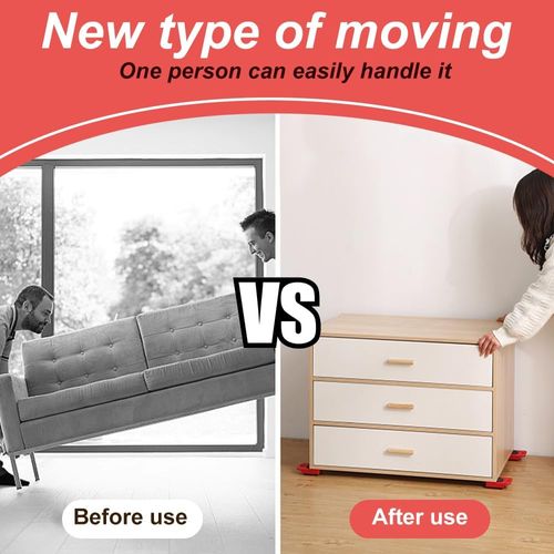 Furniture Lift Mover Tool Set with Adjustable Height Lifting Tool Lever & 4 Wheels, Furniture Mover Dolly Furniture Lifter Moving Sliders for Moving Heavy Furniture (Red, Lifting Capacity: 220 LBs)