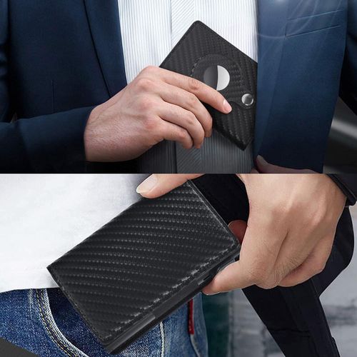 Genuine Leather Card Holder Wallet with Airtag Slot, Bank Card Holder RFID Wallet Minimalist Card Holder, Anti Lost Automatic Pop Up Aluminum Slim Pocket Bifold Business Card Case (Carbon Fiber)