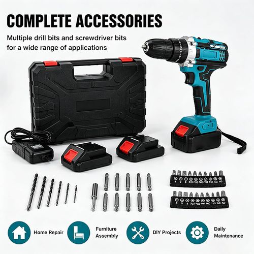 21V Cordless Drill Driver Set, 2 Speed Electric Drill Kit with 25 3 2 Torque Settings, LED Light, Rechargeable Battery and Bits for Home Repair, Wood, Metal, DIY Projects(Yellow)
