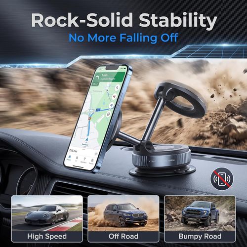 Vacuum Suction Magnetic Car Phone Holder, 360° Rotatable Magsafe Car Mount, Reusable Suction Cup Dashboard Windshield Phone Stand, Foldable Adjustable Arm Car Phone Mount for All Smartphones