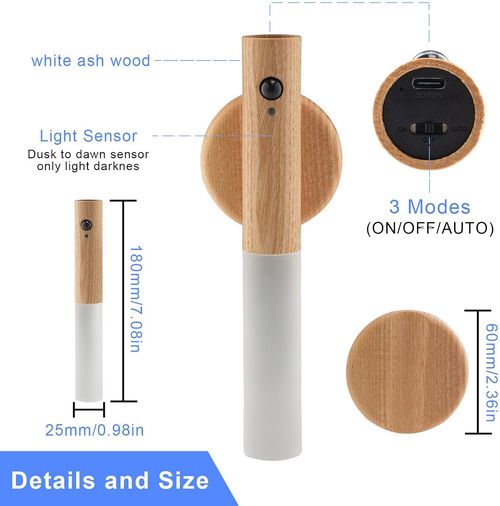 Wall-mounted motion sensor light, portable 360° lamp, battery-powered, rechargeable, warm light, suitable for dressing tables, modern design, perfect for living rooms and bedrooms (WhiteGray Wood, 1 piece)