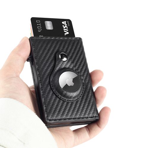 Genuine Leather Card Holder Wallet with Airtag Slot, Bank Card Holder RFID Wallet Minimalist Card Holder, Anti Lost Automatic Pop Up Aluminum Slim Pocket Bifold Business Card Case (Carbon Fiber)