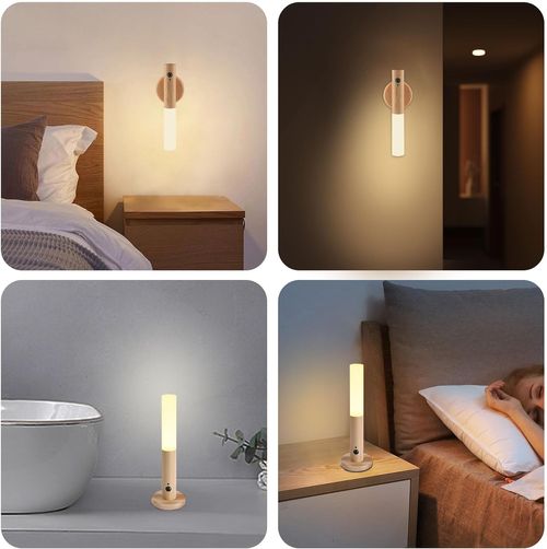 Wall-mounted motion sensor light, portable 360° lamp, battery-powered, rechargeable, warm light, suitable for dressing tables, modern design, perfect for living rooms and bedrooms (WhiteGray Wood, 1 piece)