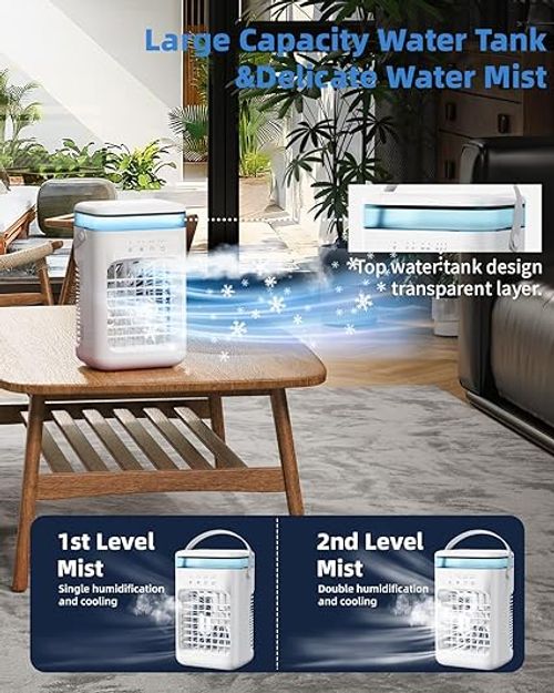 Portable Air Conditioners, Personal Mini Air Cooler Cooling Fan with 3 Speeds, 1L Evaporative Air Conditioner, 7 LED Light, 2 Cool Mist Air Conditioners Humidifier Fan Room Bedroom Office (White)