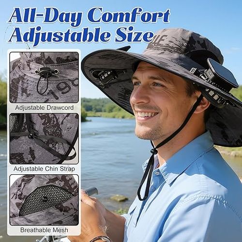 Solar-powered fan hat, men's and women's solar-powered fan hat, wide-brimmed sun hat with 2 solar fans, 2-in-1 hands-free hat fan.