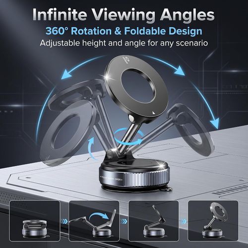 Vacuum Suction Magnetic Car Phone Holder, 360° Rotatable Magsafe Car Mount, Reusable Suction Cup Dashboard Windshield Phone Stand, Foldable Adjustable Arm Car Phone Mount for All Smartphones