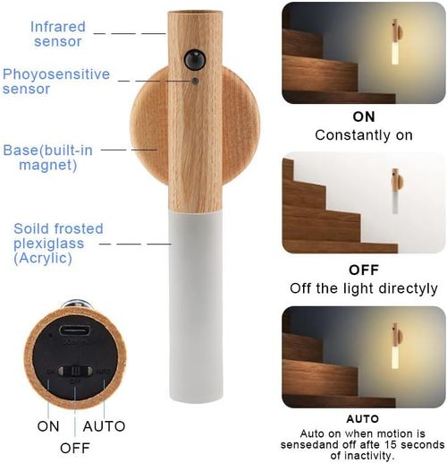 Wall-mounted motion sensor light, portable 360° lamp, battery-powered, rechargeable, warm light, suitable for dressing tables, modern design, perfect for living rooms and bedrooms (WhiteGray Wood, 1 piece)