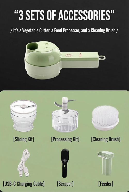 Multi-functional electric vegetable cutter, 4-in-1 vegetable cutter, mini garlic maker, garlic food processor, cordless electric vegetable cutter