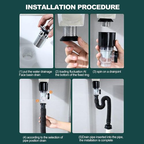 Kitchen Sink Drain Hose Basin Odor Isolation Drain Sink Wash Basin Universal Horizontal and Vertical Drain Pipes(Black)
