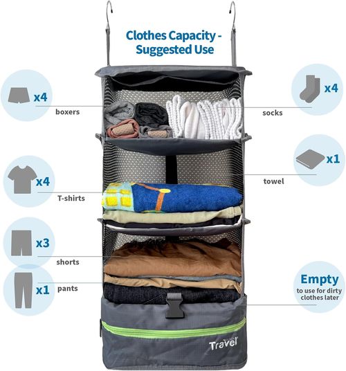 Packing Organizer for Luggage, Portable Hanging Travel Shelves, Carry-On Closet, Hanging Packing Cubes, Collapsible Carry-On Organizer for Cruises & Hotels. Dark Gray - L