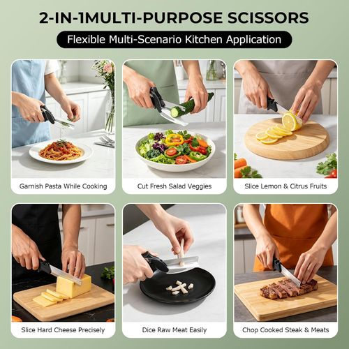 2 in 1 Kitchen Scissors for Food, Cutting Board Scissors with Safety Lock