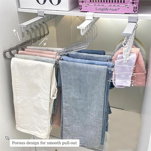 Pull Out Closet Valet Rod with 9 Holes, Wardrobe Hanger Rack Top Mount Telescopic Pants Rack, Closet Rod 15×1.6×3.2in White (Color : White Telescopic Rack)