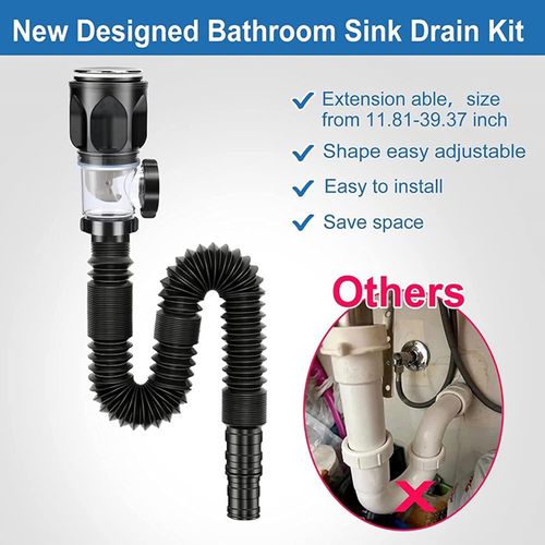 Kitchen Sink Drain Hose Basin Odor Isolation Drain Sink Wash Basin Universal Horizontal and Vertical Drain Pipes(Black)