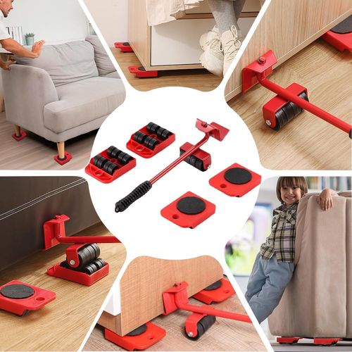 Furniture Lift Mover Tool Set with Adjustable Height Lifting Tool Lever & 4 Wheels, Furniture Mover Dolly Furniture Lifter Moving Sliders for Moving Heavy Furniture (Red, Lifting Capacity: 220 LBs)