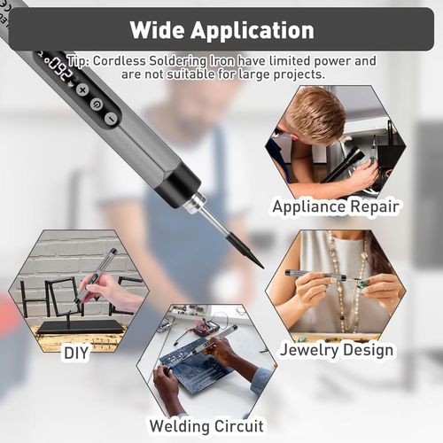Soldering Iron Cordless USB Kit with LCD LED Temperature Display Cordless USB Soldering Iron with 1100mAh battery, LED temperature display, three gears, built-in light, auto shutoff.
