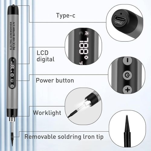 Soldering Iron Cordless USB Kit with LCD LED Temperature Display Cordless USB Soldering Iron with 1100mAh battery, LED temperature display, three gears, built-in light, auto shutoff.