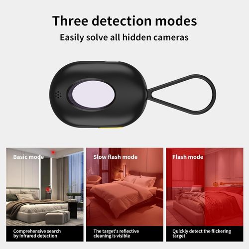 Hidden camera detector, camera detector with vibration alarm and LED flashlight, suitable for travel, hotels, home and office, 5 sensitivity levels and 3 modes.