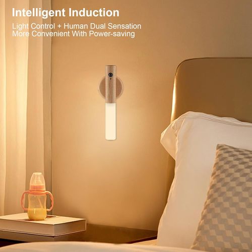 Wall-mounted motion sensor light, portable 360° lamp, battery-powered, rechargeable, warm light, suitable for dressing tables, modern design, perfect for living rooms and bedrooms (WhiteGray Wood, 1 piece)